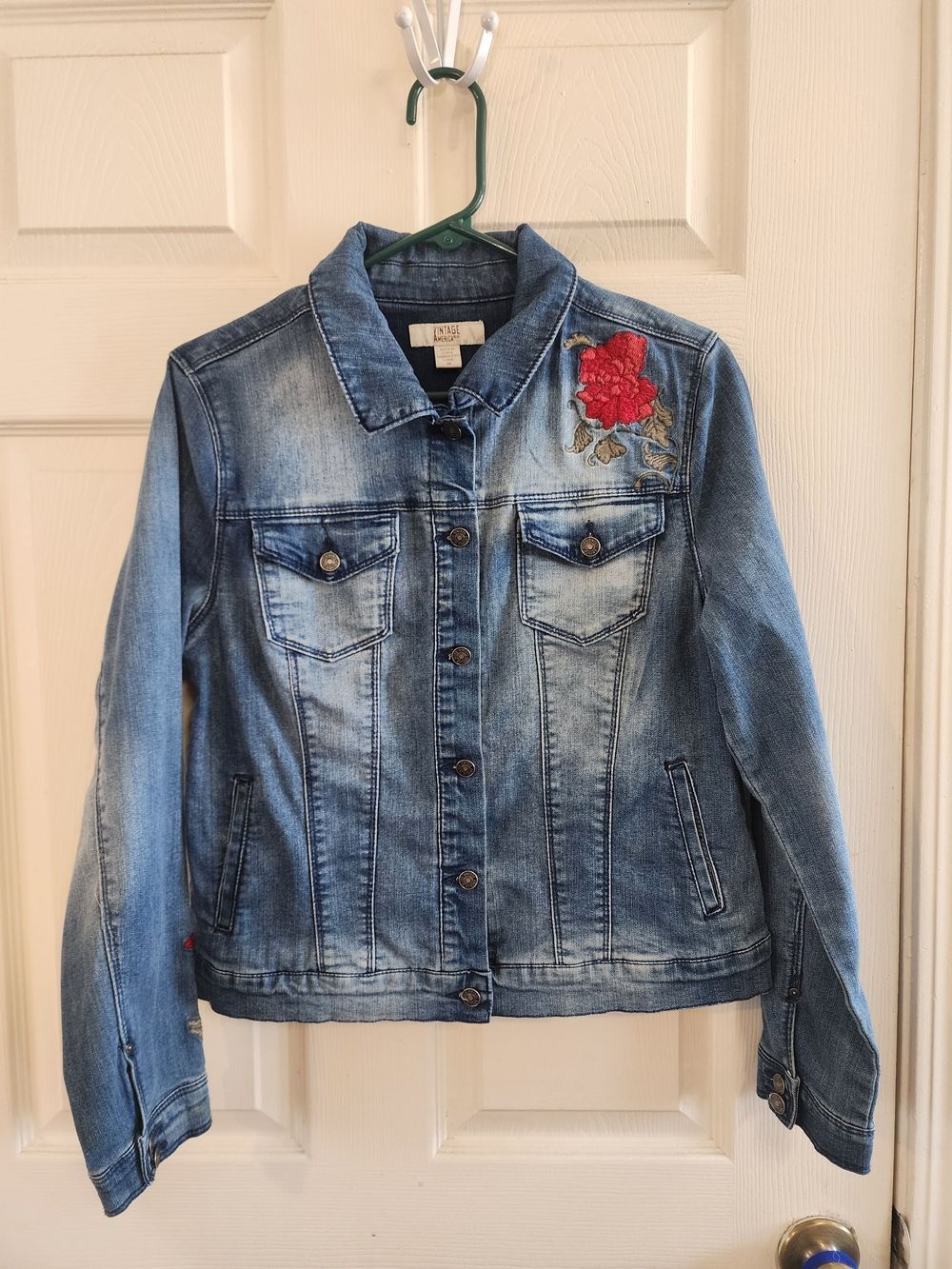 Vintage America Light Blue Denim Jacket with Red Floral Embroidery size M